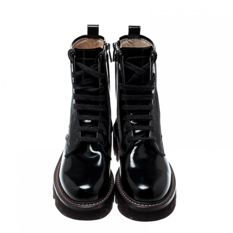 Pre Owned Brunello Cucinelli Black Biker Lace Up Ankle Boots Size 40