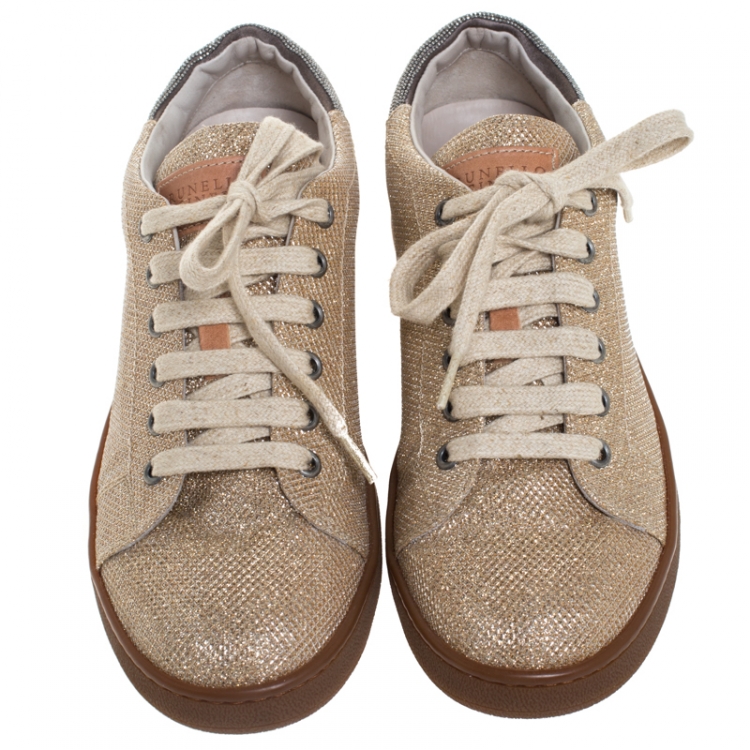 Pre Owned Brunello Cucinelli Beige Glitter Fabric Low Top Sneakers Size 38
