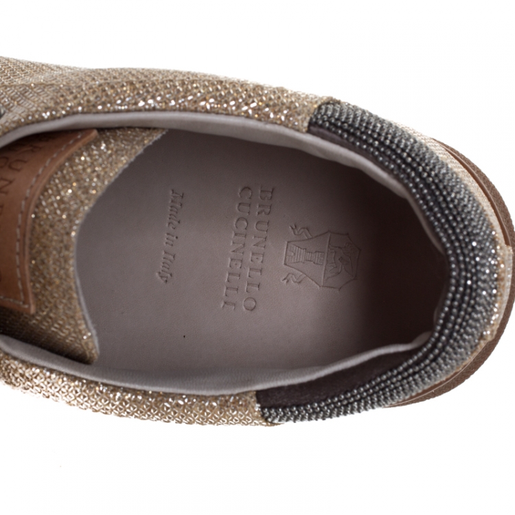 Pre Owned Brunello Cucinelli Beige Glitter Fabric Low Top Sneakers Size 38