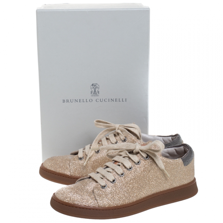 Pre Owned Brunello Cucinelli Beige Glitter Fabric Low Top Sneakers Size 38