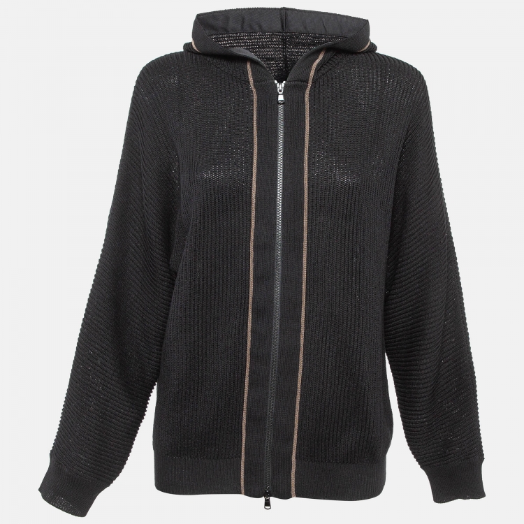 Pre Owned Brunello Cucinelli Black Embellished Rib Knit Hooded Jacket L