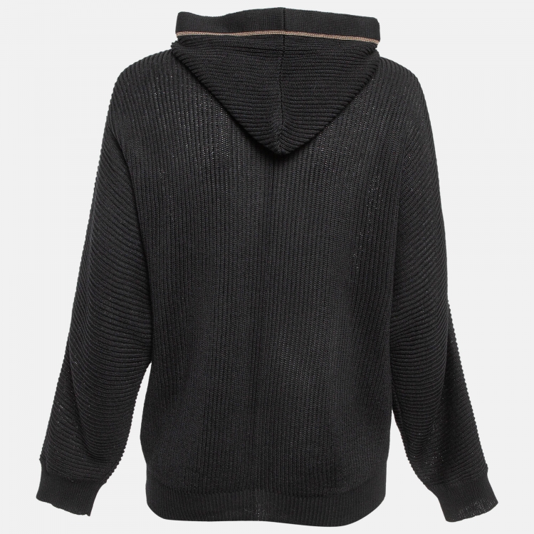 Pre Owned Brunello Cucinelli Black Embellished Rib Knit Hooded Jacket L