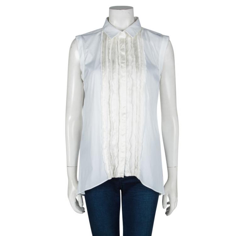 Pre Owned Brunello Cucinelli White Pintucked Ruffle Detail Sleeveless Shirt XXL