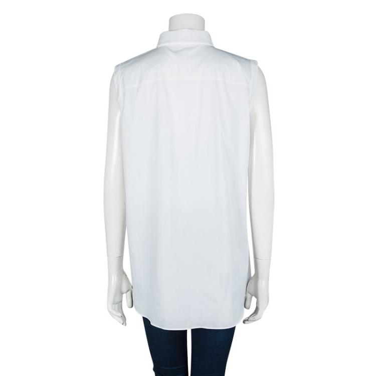 Pre Owned Brunello Cucinelli White Pintucked Ruffle Detail Sleeveless Shirt XXL