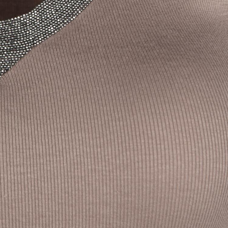 Pre Owned Brunello Cucinelli Brown Rib Jersey Embellished Neck Detail Sleeveless Top S