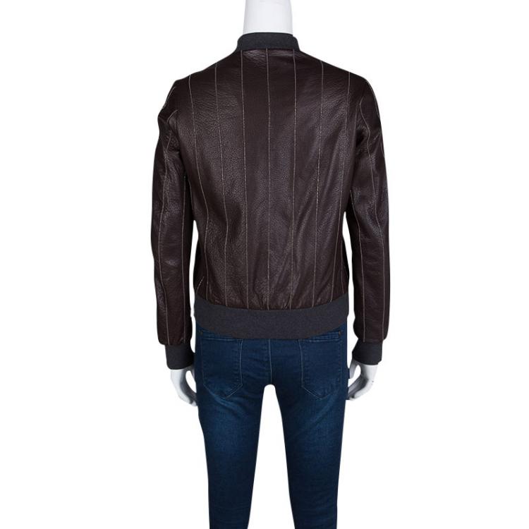 Pre Owned Brunello Cucinelli Brown Leather Embellished Zip Front Bomber Jacket S