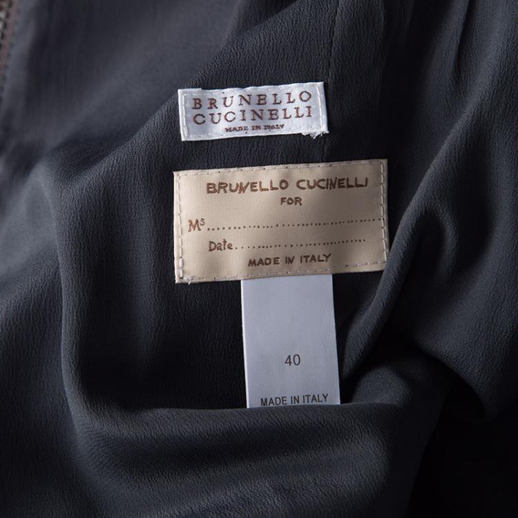 Pre Owned Brunello Cucinelli Brown Leather Embellished Zip Front Bomber Jacket S
