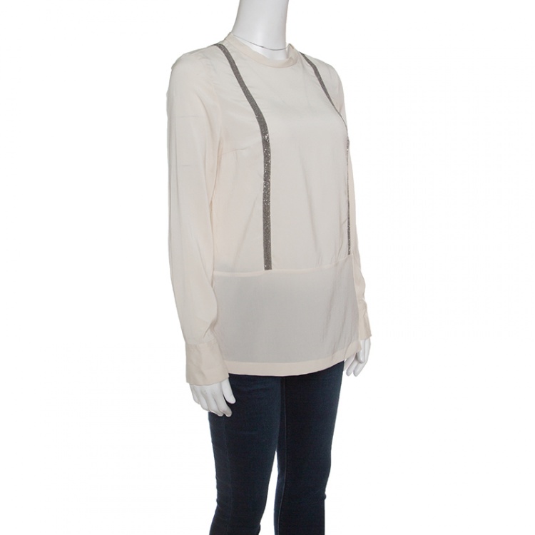 Pre Owned Brunello Cucinelli Cream Embellished Silk Blouse S
