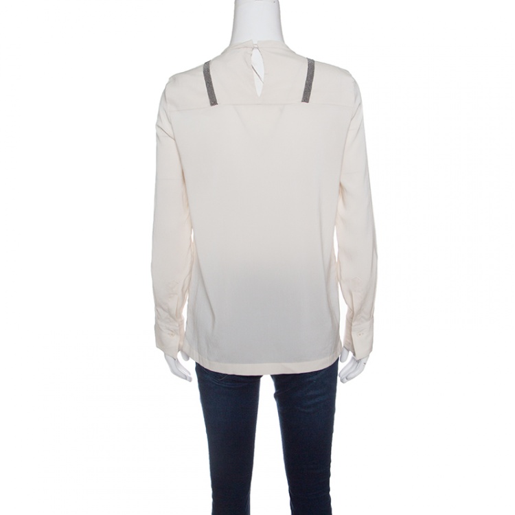 Pre Owned Brunello Cucinelli Cream Embellished Silk Blouse S