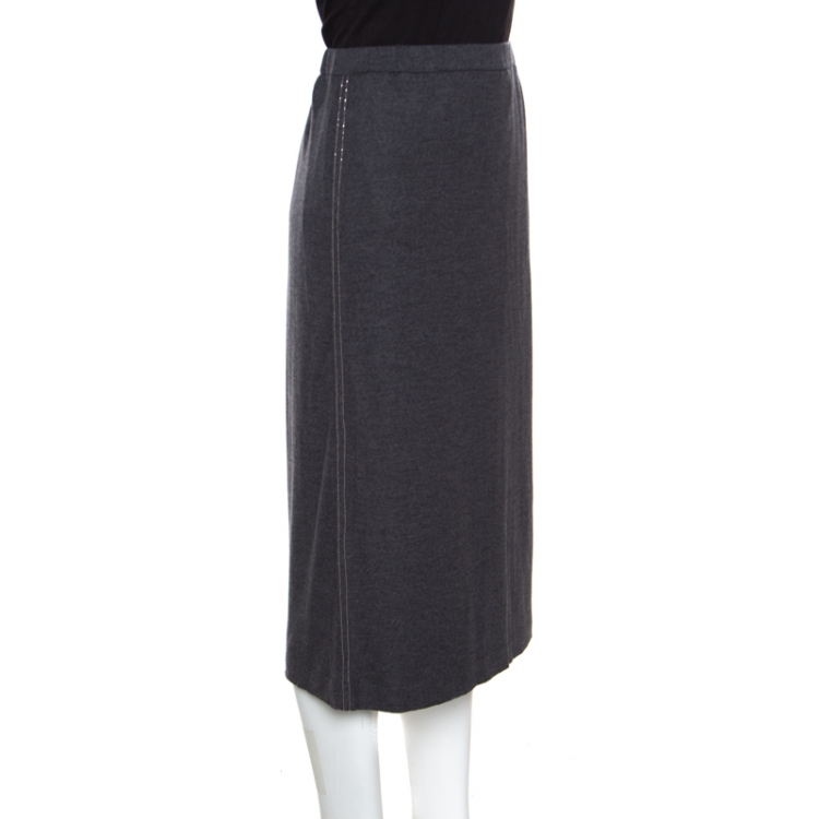 Pre Owned Brunello Cucinelli Grey Wool Embellished Side Seam Detail Midi Skirt XL