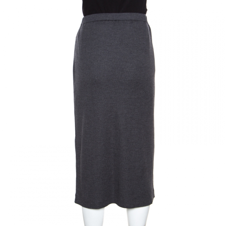 Pre Owned Brunello Cucinelli Grey Wool Embellished Side Seam Detail Midi Skirt XL