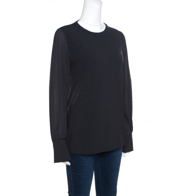 Pre Owned Brunello Cucinelli Grey Cotton and Silk Sleeve Trim T-Shirt XL