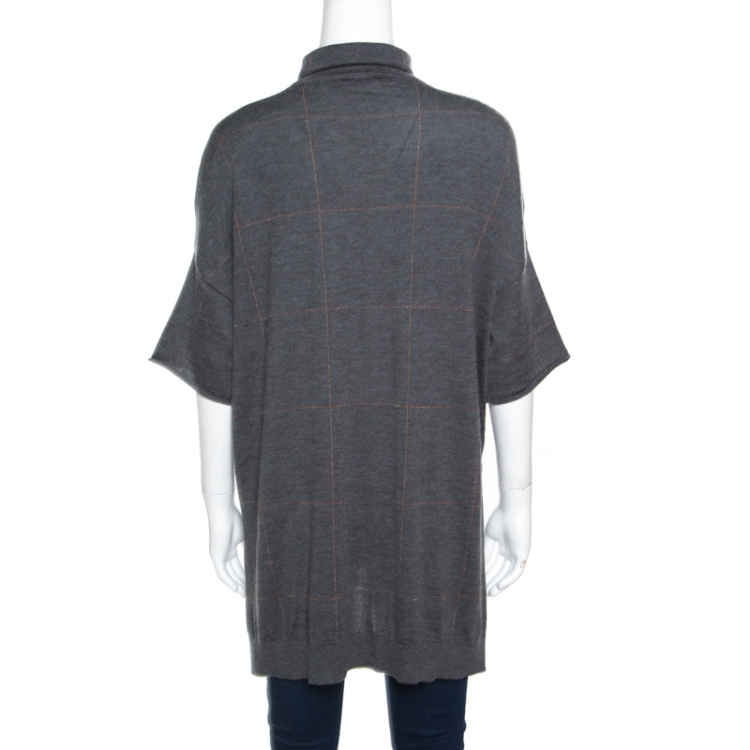 Pre Owned Brunello Cucinelli Grey Cashmere Lurex Knit Drop Shoulder Turtleneck Sweater S