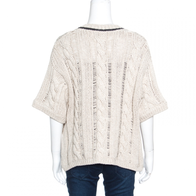 Pre Owned Brunello Cucinelli Beige Chunky Knit Monili Trim V Neck Sweater S