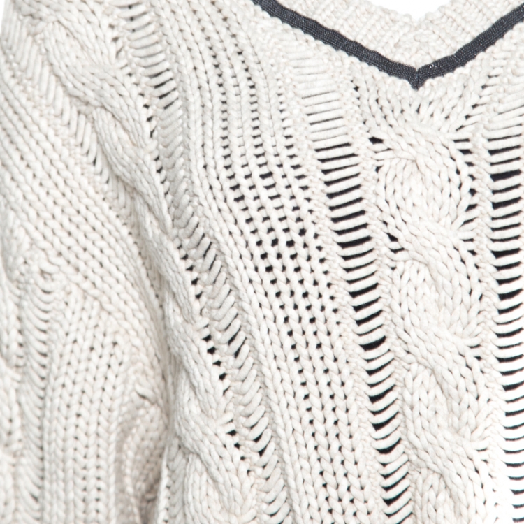 Pre Owned Brunello Cucinelli Beige Chunky Knit Monili Trim V Neck Sweater S