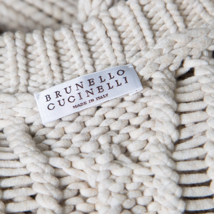 Pre Owned Brunello Cucinelli Beige Chunky Knit Monili Trim V Neck Sweater S