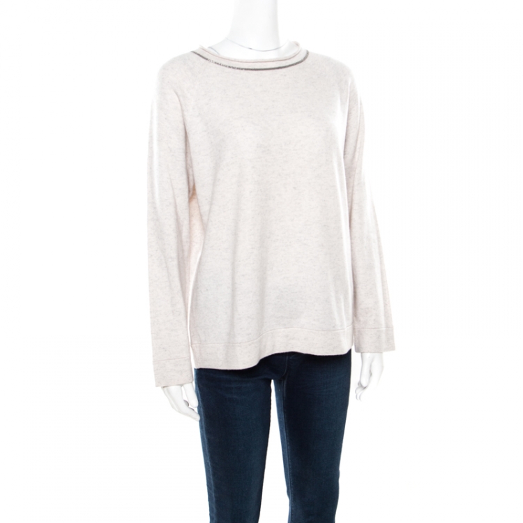 Pre Owned Brunello Cucinelli Cream and Grey Melange Cashmere Monili Neck Trim Detail Sweater M