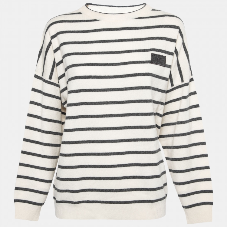 Pre Owned Brunello Cucinelli Off White Striped Wool & Cashmere Jumper L