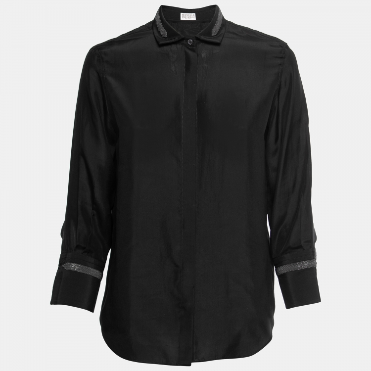 Pre Owned Brunello Cucinelli Black Silk Embellished Concealed Button Shirt S