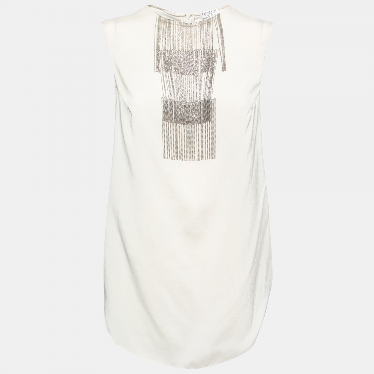 Pre Owned Brunello Cucinelli Ecru White Silk Collar Embellished Top M