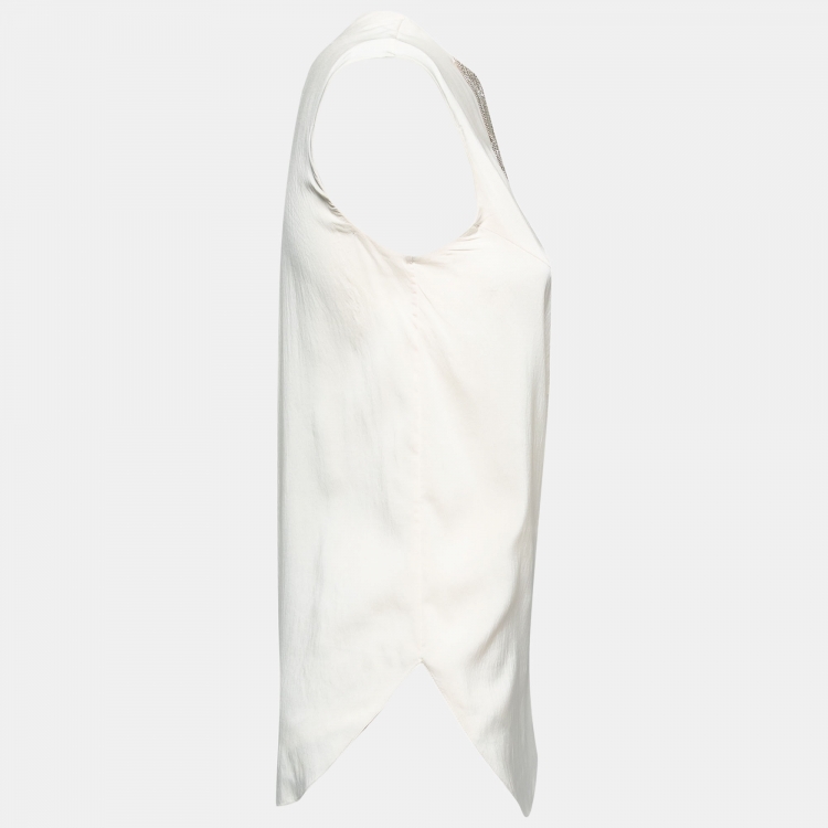 Pre Owned Brunello Cucinelli Ecru White Silk Collar Embellished Top M