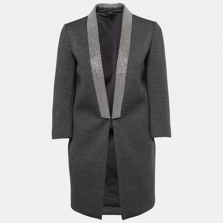Pre Owned Brunello Cucinelli Grey Wool Knit Embellished Lapel Blazer S