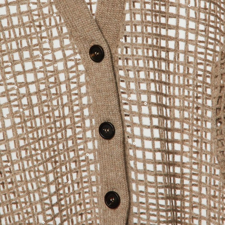 Pre Owned Brunello Cucinelli Beige Sequinned Cashmere Open Knit Cardigan L