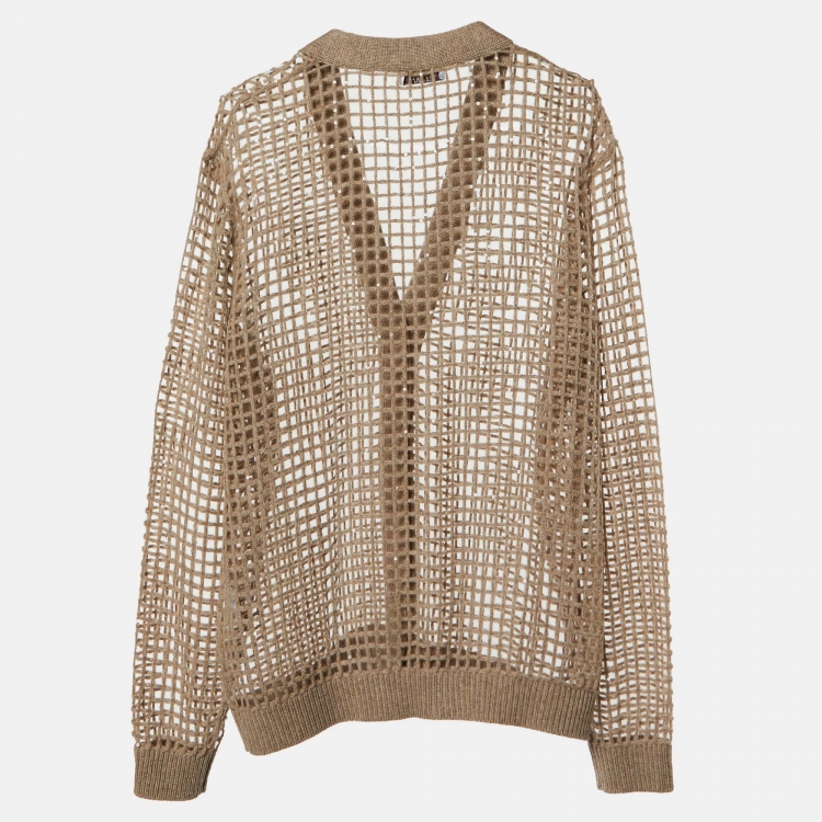 Pre Owned Brunello Cucinelli Beige Sequinned Cashmere Open Knit Cardigan L