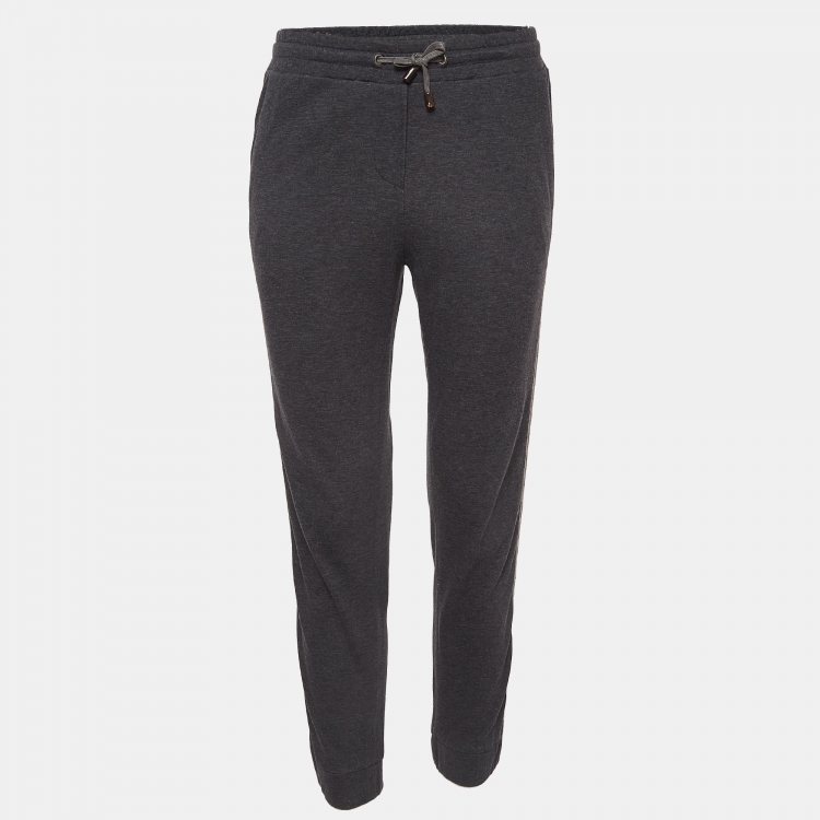 Pre Owned Brunello Cucinelli Grey Cotton Knit Sequin Detail Joggers XS