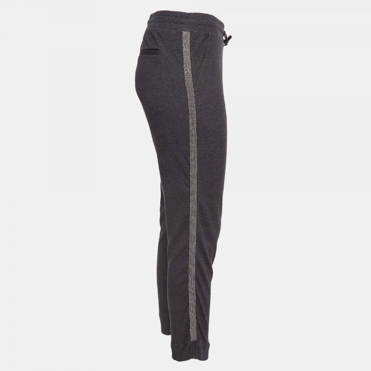 Pre Owned Brunello Cucinelli Grey Cotton Knit Sequin Detail Joggers XS