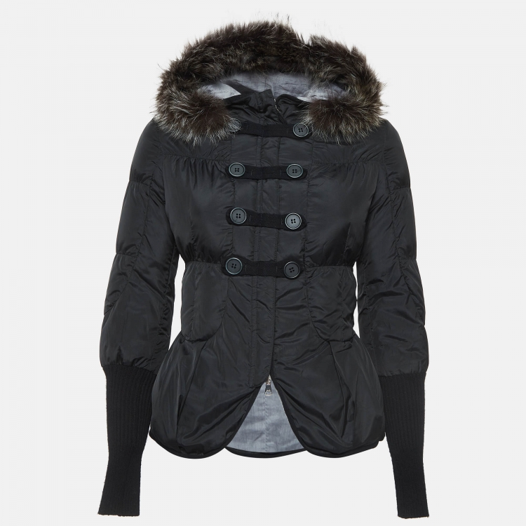 Pre Owned Brunello Cucinelli Black Fur Collar Synthetic Peplum Puffer Jacket S