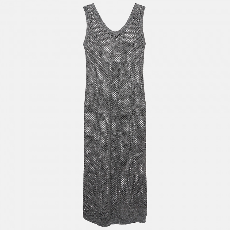 Pre Owned Brunello Cucinelli Grey Sequin Embellished Open Knit Maxi Dress M