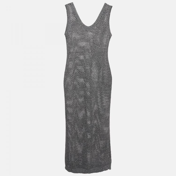 Pre Owned Brunello Cucinelli Grey Sequin Embellished Open Knit Maxi Dress M