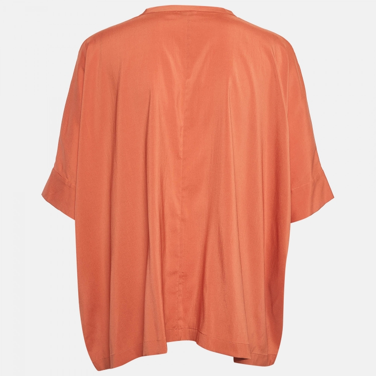 Pre Owned Brunello Cucinelli Orange Embellished Silk Loose Fit Blouse M