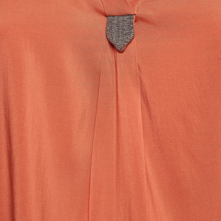 Pre Owned Brunello Cucinelli Orange Embellished Silk Loose Fit Blouse M