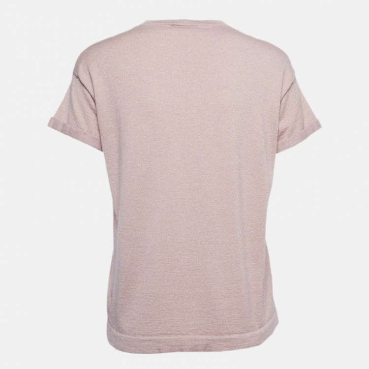 Pre Owned Brunello Cucinelli Dusty Pink Lurex Knit Folded Sleeves Top L