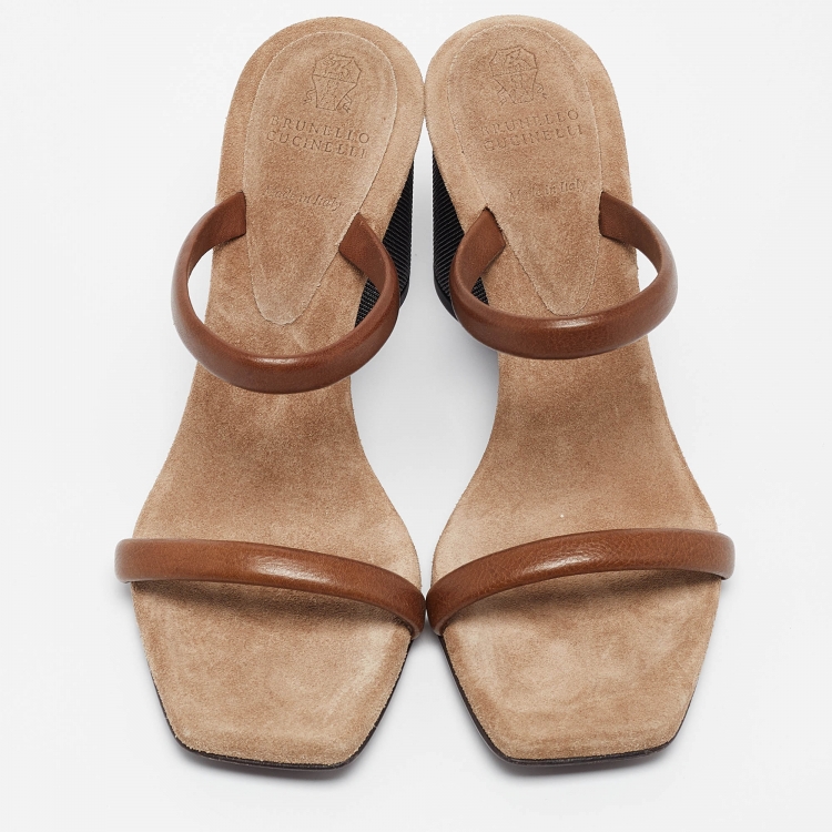 Pre Owned Brunello Cucinelli Brown Leather Beaded Block Heel Slide Sandals Size 37