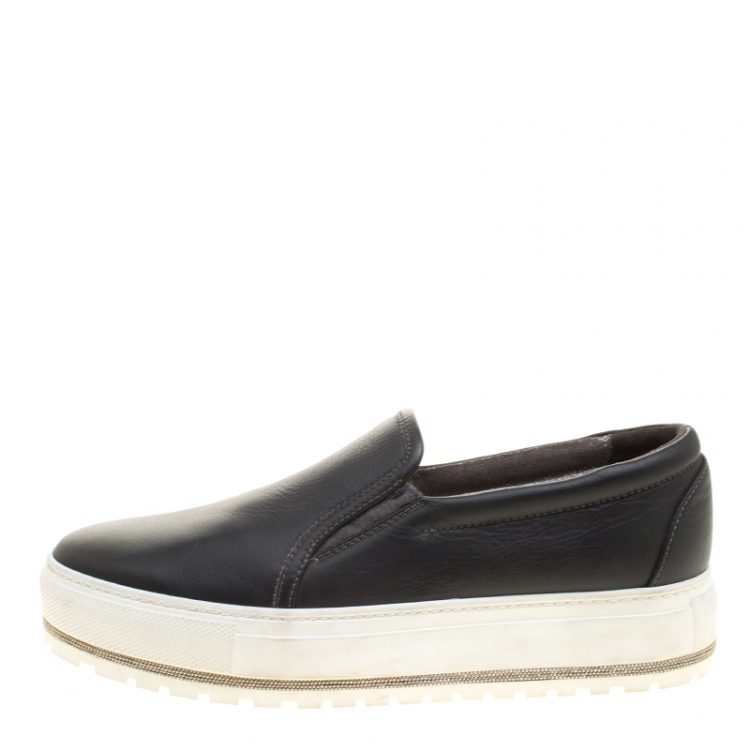 Pre Owned Brunello Cucinelli Black Leather Slip On Sneakers Size 39