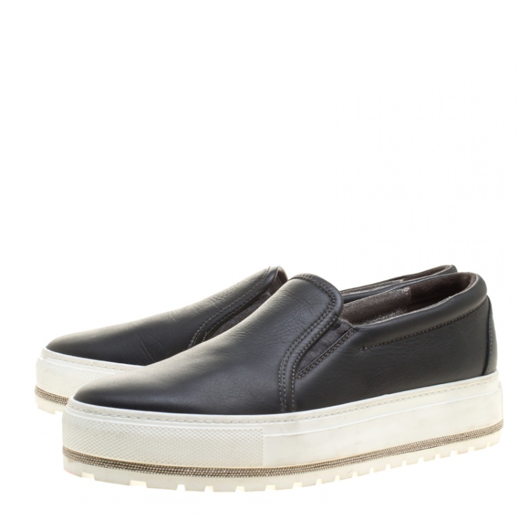 Pre Owned Brunello Cucinelli Black Leather Slip On Sneakers Size 39