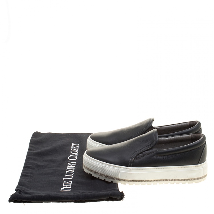 Pre Owned Brunello Cucinelli Black Leather Slip On Sneakers Size 39