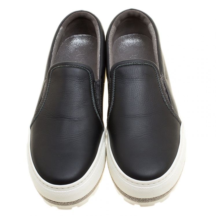 Pre Owned Brunello Cucinelli Black Leather Slip On Sneakers Size 37.5