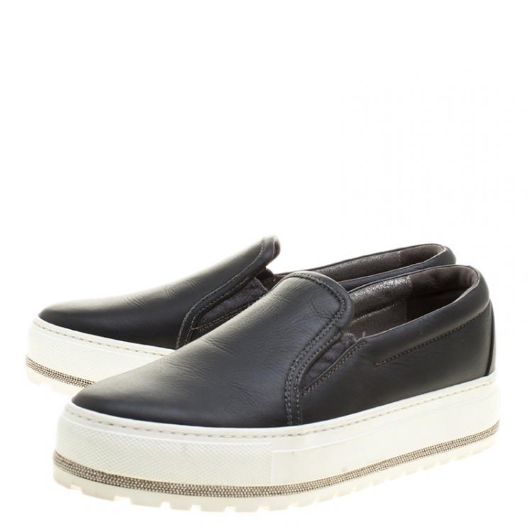 Pre Owned Brunello Cucinelli Black Leather Slip On Sneakers Size 37.5
