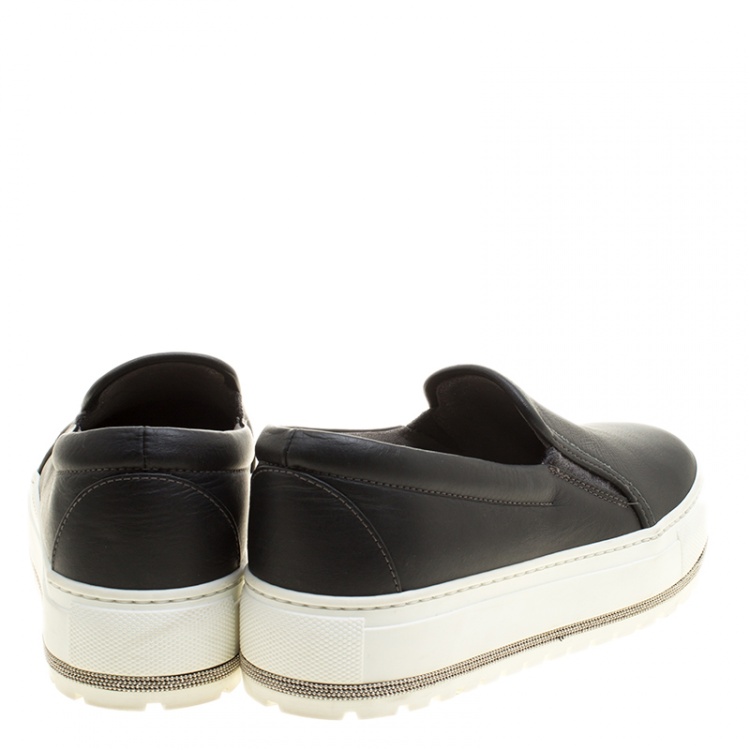 Pre Owned Brunello Cucinelli Black Leather Slip On Sneakers Size 37.5
