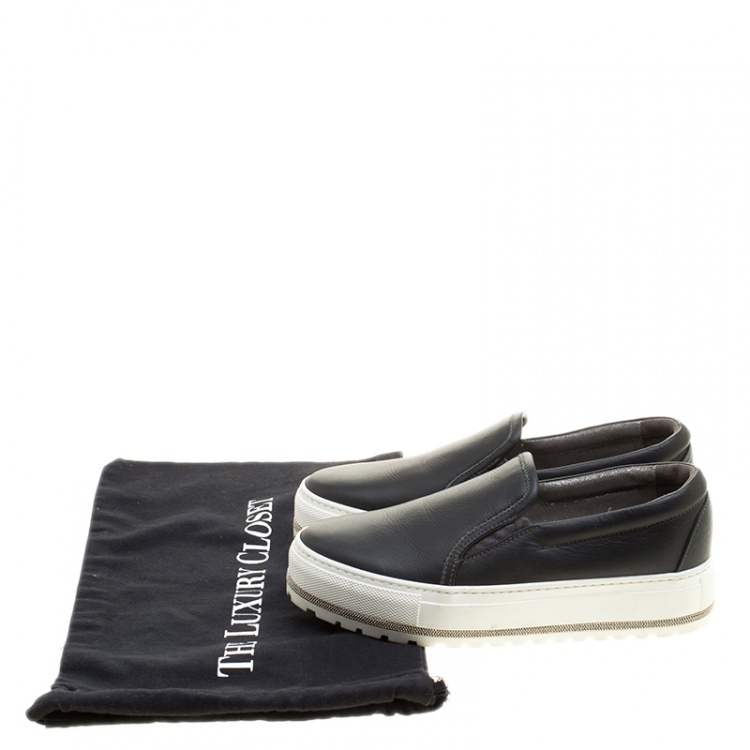 Pre Owned Brunello Cucinelli Black Leather Slip On Sneakers Size 37.5