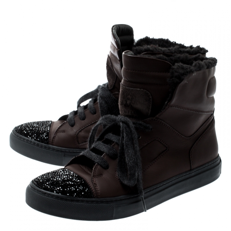 Pre Owned Brunello Cucinelli Brown Leather And Glitter Cap Toe Fur Lined High Top Sneakers Size 37