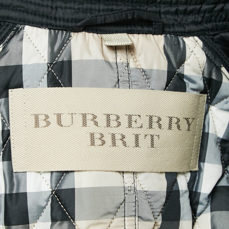 Pre Owned Burberry Brit Black Finsbridge Check Synthetic Quilted Coat L