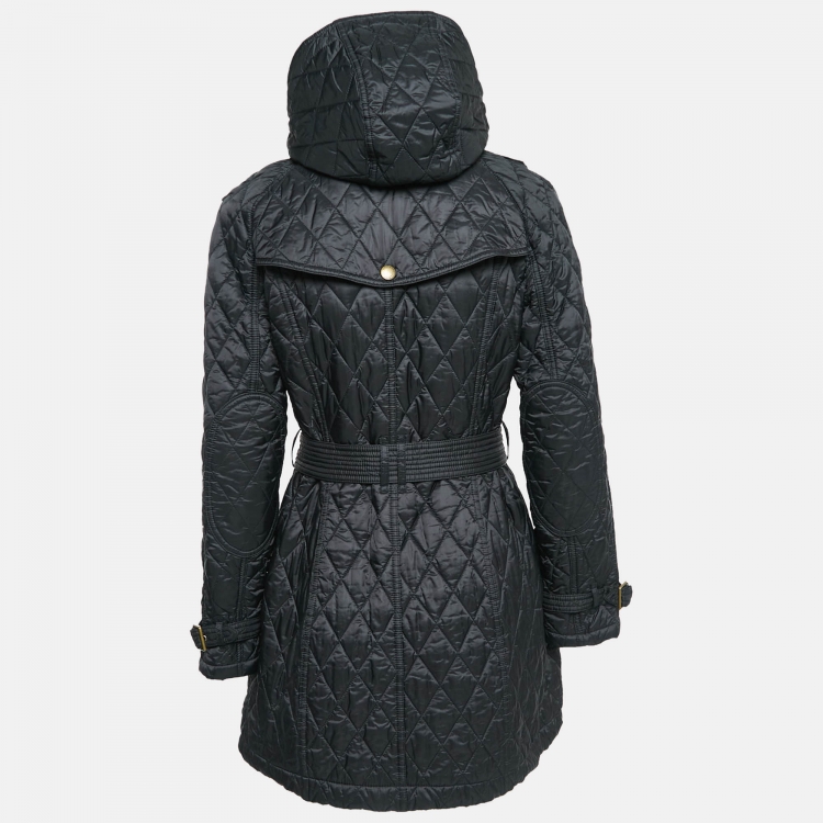 Pre Owned Burberry Brit Black Finsbridge Check Synthetic Quilted Coat L