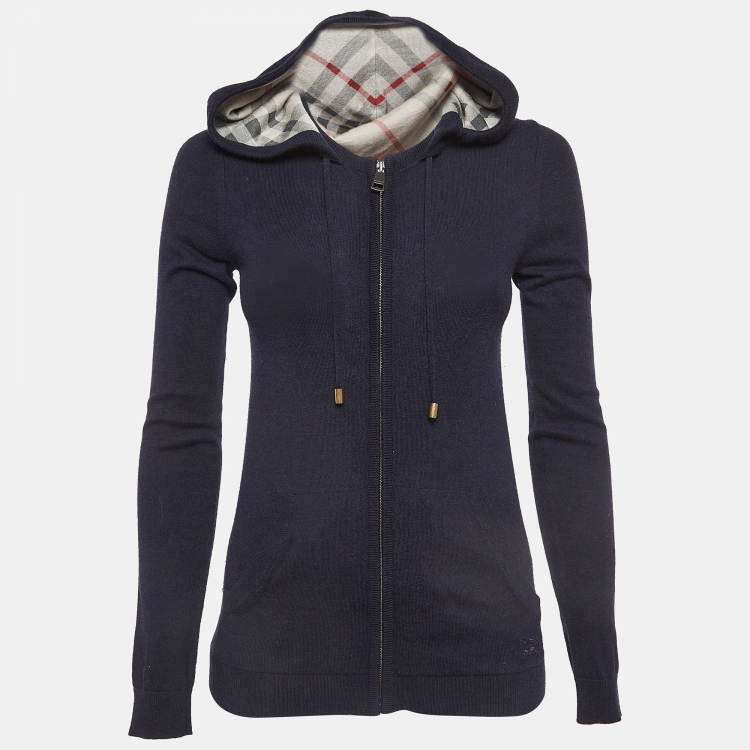 Pre Owned Burberry Brit Navy Blue Cashmere and Cotton Knit Hooded Jacket XS