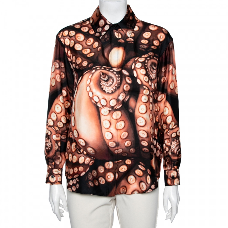 Pre Owned Burberry London Brown Octopus Print Silk Long Sleeve Shirt S