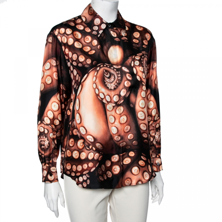 Pre Owned Burberry London Brown Octopus Print Silk Long Sleeve Shirt S